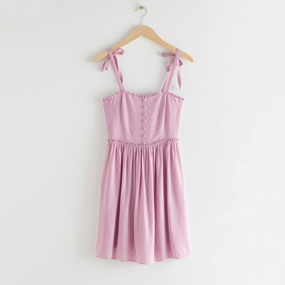 & Other Stories Pink Lilac Smocked Tie Strap Mini Dress